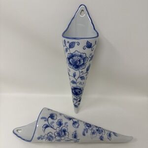 Andrea By Sadek Delft Style Blue And White Floral Wall Pocket Vase Set Of 2